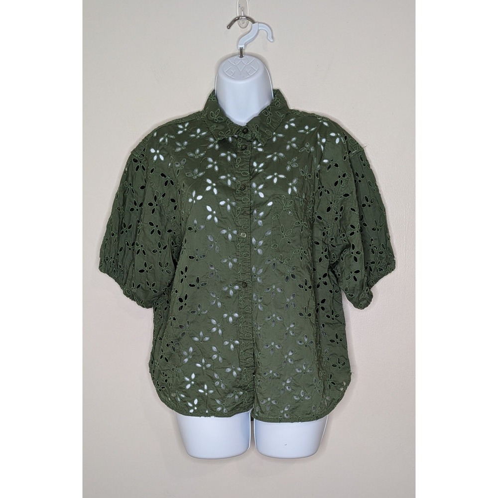 J. Crew Sz 14 Olive Green Eyelet Lace Puff Sleeve Top Feminine Peasant Boho